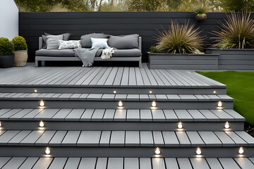 Composite decking in ash grey with four levels deck lights, sofa and pillows