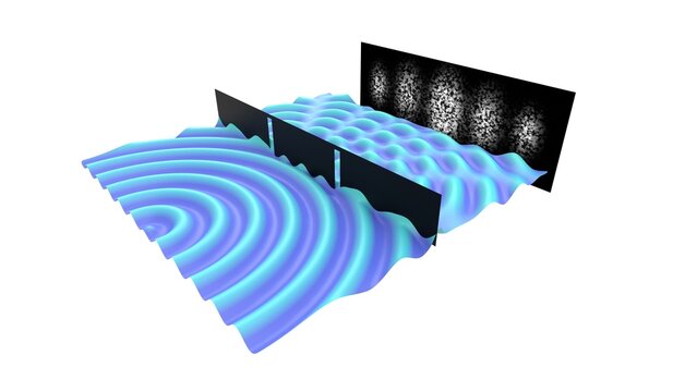 science double slit experiment 3d illustration, thomas young experimental physics that demonstrate the wave particle duality and quantum physics quantum mechanics wave propagation