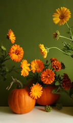 Still life with pumpkins and flowers calendula, marigold. Autumn card with blooming herbal garden flowers and vegetables.