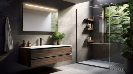 Bathroom with a floating vanity and a rainfall showerhead and a built-in mirror