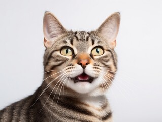 Obraz premium The gray tabby cat looks at the camera, mewing and having slightly opened a mouth