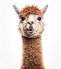 Fototapeta premium Very cute alpaca smiling at the camera, funny animal studio portrait, isolated on white.