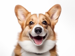 Portrait of a smiling welsh corgi breed dog sitting on a white background