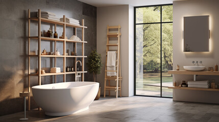 Bathroom with a freestanding tub and floating shelves