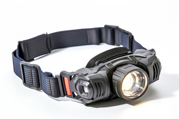 An closeup view of a waterproof LED headlamp, with a focused beam of light isolated on white background