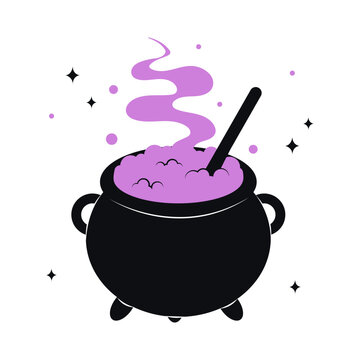 Cauldron with purple witch poison. Scary Devils Cauldron Halloween Decoration. Vector cute illustration of black witch pot in trendy colors for postcard, flyer, banner. Happy Halloween.