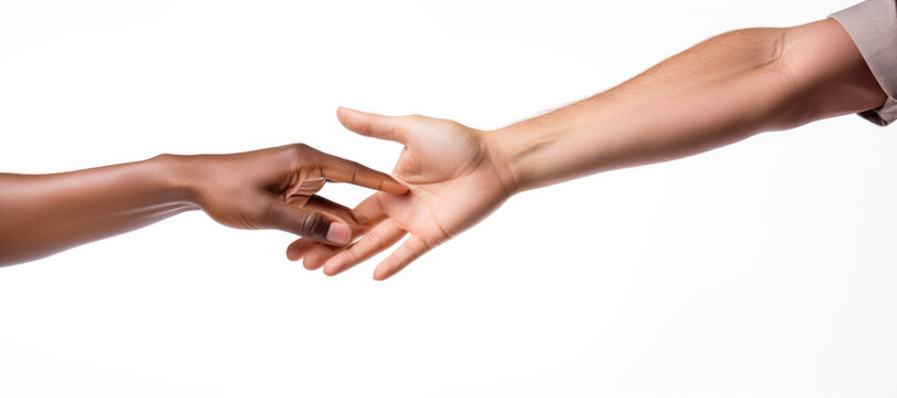two hands, one belonging to a woman and the other to a man, coming together against a white background, symbolizing the concept of friendship, assistance, and cooperation.