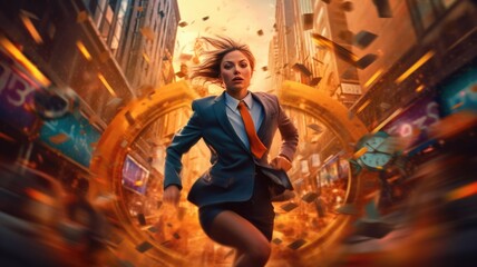The rapid businesswoman running fast racing with time in chaotic and colorful background. Generative AI AIG30.