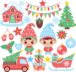 Cute Christmas clipart. Little elves. Set of decorative elements for Christmas cards and invitations.