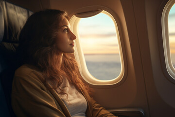 The portrait of a lonely female traveler sitting in an airplane seat while looks at the view outside the small window, Generative AI.