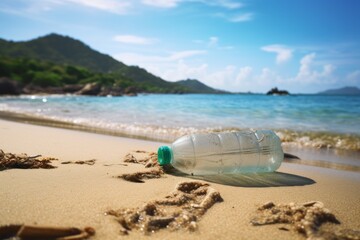Fototapeta na wymiar A plastic bottle in front of the ocean, close up
