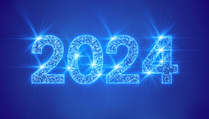 Illustration of abstract neon light in blue with the numbers 2024 - represents the new year - holiday concept.