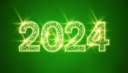Illustration of abstract neon light in green with the numbers 2024 - represents the new year - holiday concept.