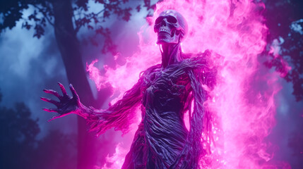 god of fire, death, pink fire, magic, fantasy, skull, living skeleton, generative AI