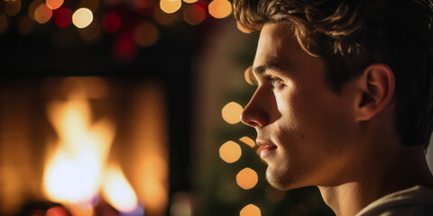 young man's profile, contemplatively gazing into the flickering flames of a fireplace