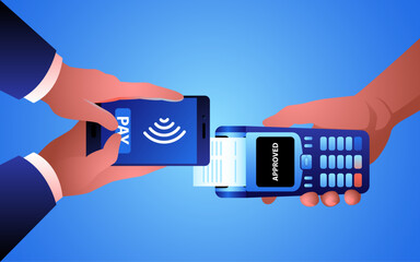 Man using NFC technology from his mobile phone to make a payment. Represents the convenience and efficiency of digital payment methods, conveying the ease and speed of cashless transactions