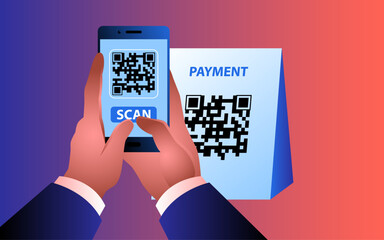 Man using his mobile phone to scan a QR code. Represents the convenience and efficiency of digital payment methods. It conveys the ease and speed of cashless transactions in today's digital age