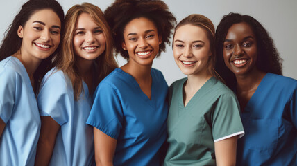 Diverse, experienced nurses happily pose on white background, daylight. - obrazy, fototapety, plakaty