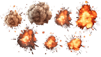 Set of explosions isolated on transparent background, PNG file