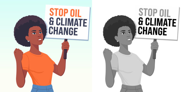 Young female climate change protester holding a sign flat style vector illustration, Young black female with an afro holding a sign stock vector image