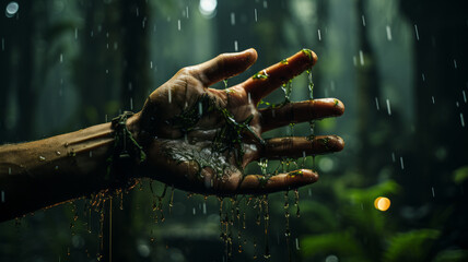 a hand in a rainforest, in the style of hyper-realistic sci-fi, ad posters, water drops.