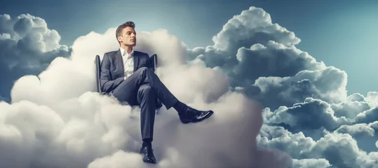 Foto op Canvas businessman sitting on the cloud in the sky, contemplating his career aspirations and goals, highlighting the idea of striving for success in the corporate world. © EdNurg