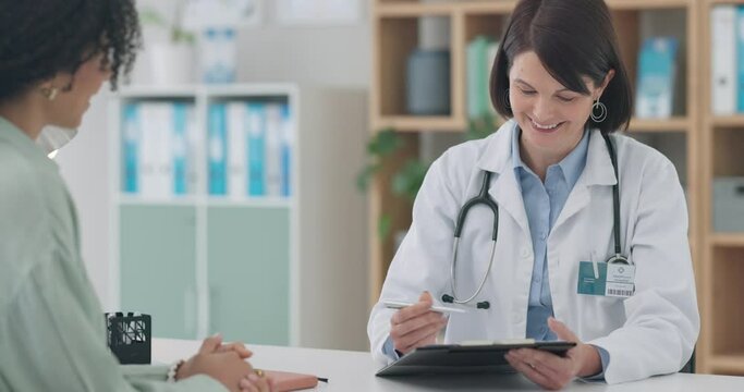 Meeting, Doctor And Woman With Tablet In Office, Conversation With Patient Clinic Results Or Healthcare. Medical, People And Talking In Consultation With Tech For Medicine, Insurance Or Report