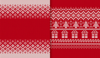 Christmas knitted print with trees and gift boxes. Red knit sweater textures. Xmas winter seamless pattern. Holiday fair traditional ornament. Festive wool pullover vector illustration