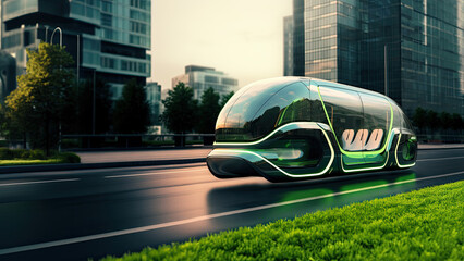 Futuristic sustainable green bus car public transport traffic in the city - obrazy, fototapety, plakaty