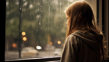 Sad child silhouette, rain, deep thoughts, loneliness, longing, fear. Palpable sadness - obrazy, fototapety, plakaty