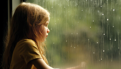 Sad child silhouette, rain, deep thoughts, loneliness, longing, fear. Palpable sadness - obrazy, fototapety, plakaty