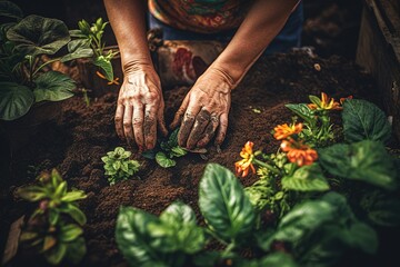 Woman works and relaxes in her home garden - obrazy, fototapety, plakaty