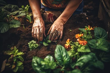 Tuinposter Woman works and relaxes in her home garden © Daniel Jędzura