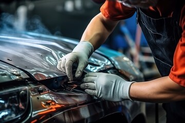 Auto body repairman fixes a car damaged in an accident or collision - obrazy, fototapety, plakaty