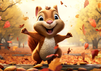 Squirrel in the forest with nuts and falling leaves in autumn. AI generated