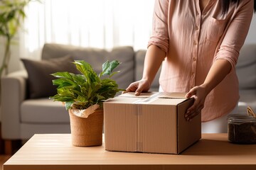 Woman unpacks items from boxes after moving - obrazy, fototapety, plakaty