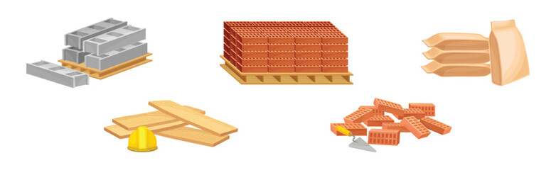 Construction Materials and Equipment with Bricks and Wooden Planks Vector Set