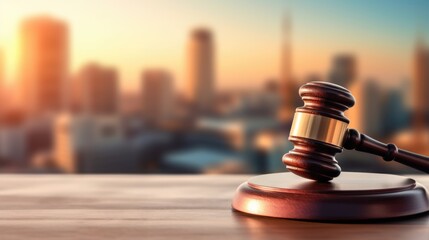 A wooden gavel of law on a table top with city skyline in blur background. beautiful Generative AI AIG32