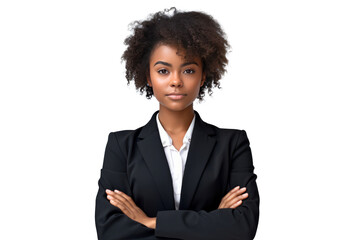 Naklejka na ściany i meble cute african american business woman in black suit and cross arms on transparent background