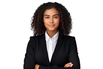 cute african american business woman in black suit and cross arms on transparent background