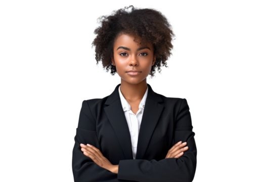 cute african american business woman in black suit and cross arms on transparent background