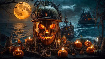 A Halloween pumpkin head jack lantern with burning candles, Spooky Forest with a full moon, A...