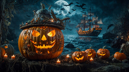 A Halloween pumpkin head jack lantern with burning candles, a Spooky Forest with a full moon, A...