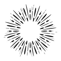 Fototapeta premium Hand drawn starburst. Vintage sunburst isolated. Sun ray frame in retro style. Minimal design element with text space. Sketch of star burst in black color. Starburst explosion. vector illustration