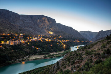 Aerial drone view of Erzincan Kemaliye district, city of paragliding and wingsuit flying.