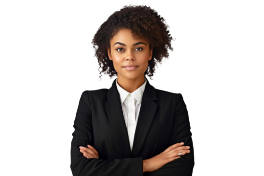 cute african american business woman in black suit and cross arms on transparent background