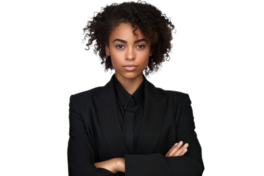 cute african american business woman in black suit and cross arms on transparent background