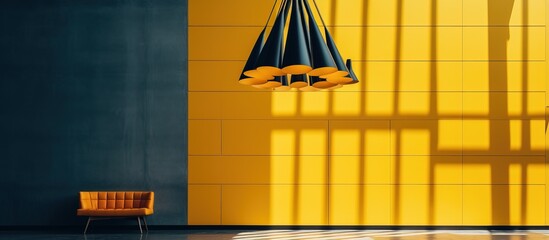 A light cone chandelier in yellow suspended from a high open ceiling
