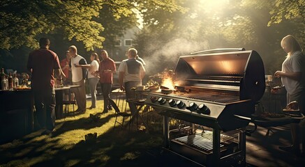 evening with friends, barbecue in the garden with all friends, concept celebration