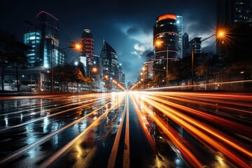 Fototapeta premium Abstract night cityscape background. Smart city, ai and digital transformation concept. Double exposure